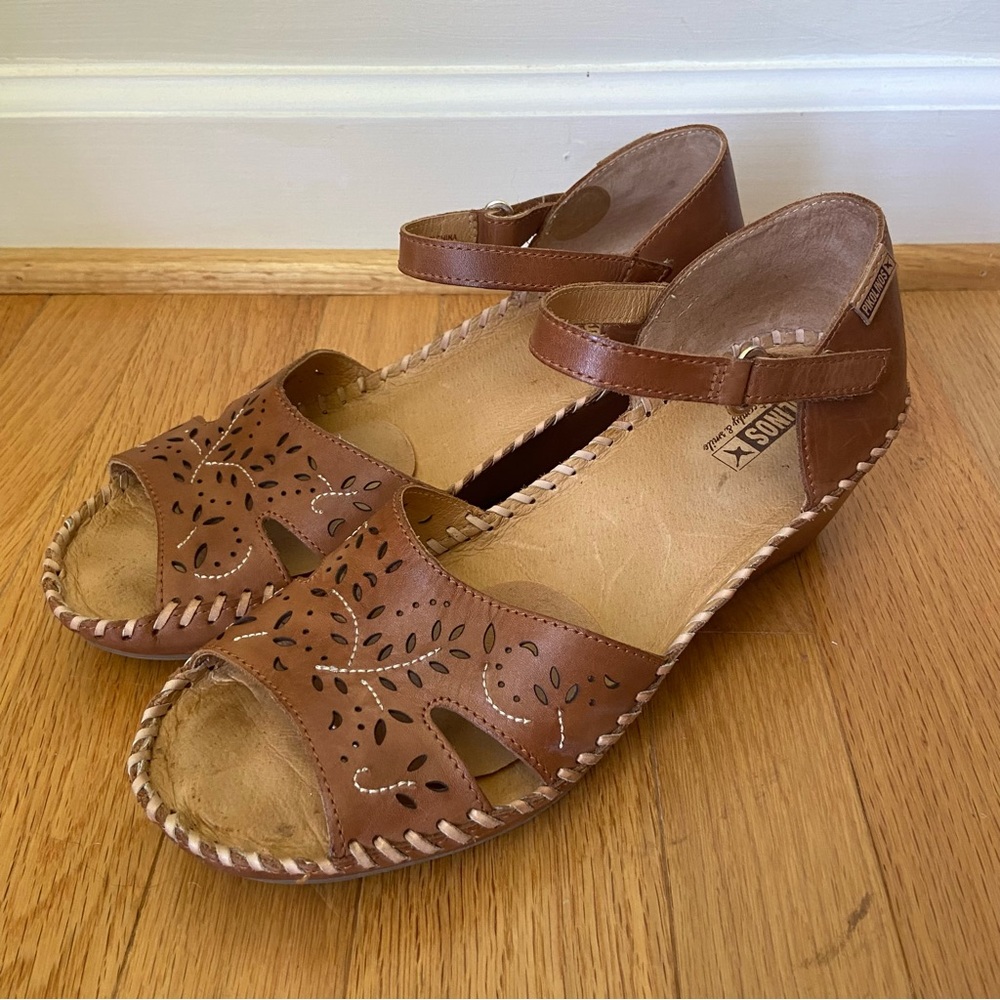 PIKOLINOS Margarita Brown Leather Wedge Sandals Size 41 Cut Out Comfort Boho - Picture 12 of 12
